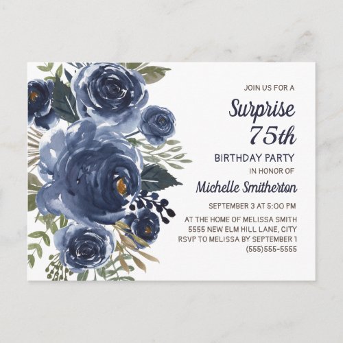 Surprise 75th Birthday Navy Blue Watercolor Floral Postcard