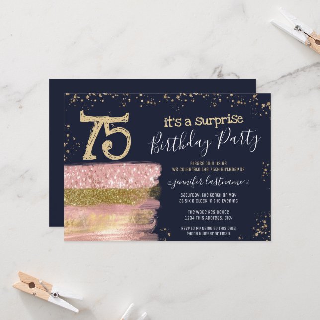 Surprise 75th Birthday Party Glitter Cake  Invitation (Front/Back In Situ)