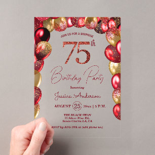Surprise 75th Birthday Party Gold Burgundy Glitter Acrylic Invitations
