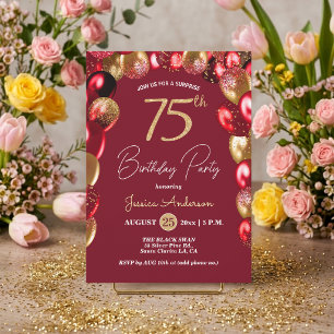 Surprise 75th Birthday Party Gold Burgundy Glitter Invitation