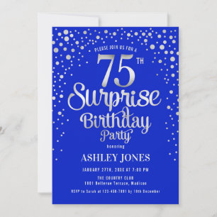 Surprise 75th Birthday Party - Silver & Royal Blue Invitation