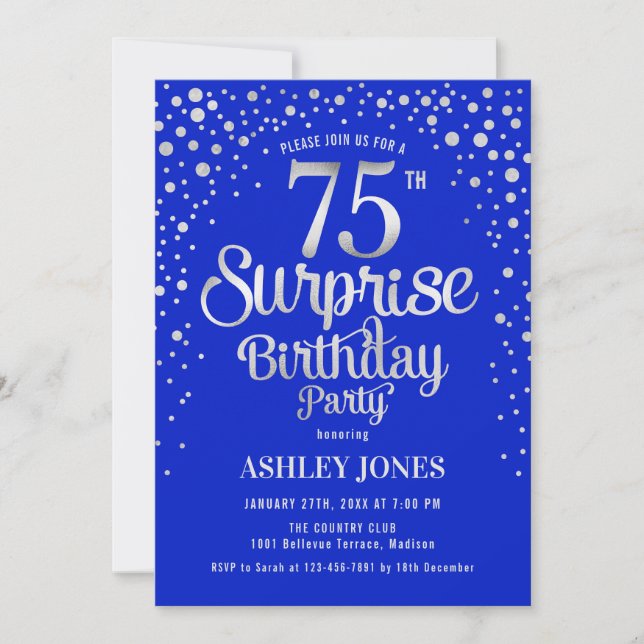 Surprise 75th Birthday Party - Silver & Royal Blue Invitation (Front)