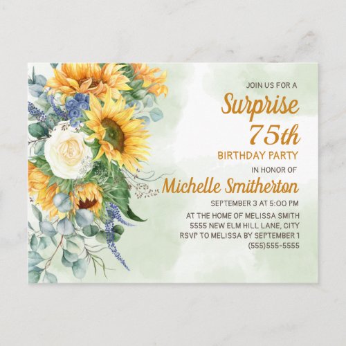 Surprise 75th Birthday Sunflowers Eucalyptus Postcard