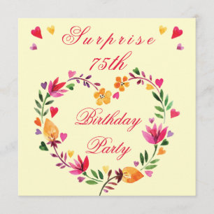 Surprise 75th Birthday Watercolor Floral Heart Invitation
