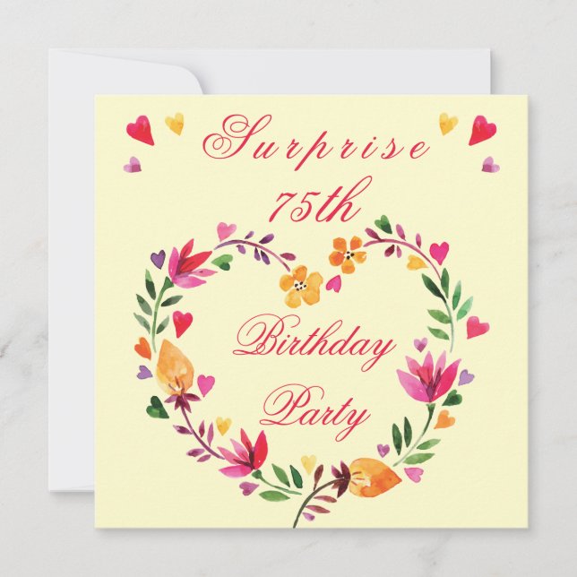 Surprise 75th Birthday Watercolor Floral Heart Invitation (Front)