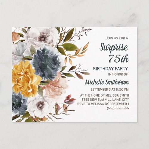 Surprise 75th Birthday Yellow Navy Blue Floral Postcard