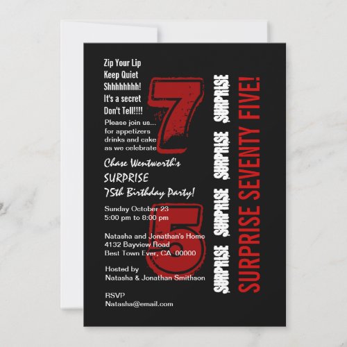 SURPRISE 75th Modern Birthday Red Black White W200 Invitation