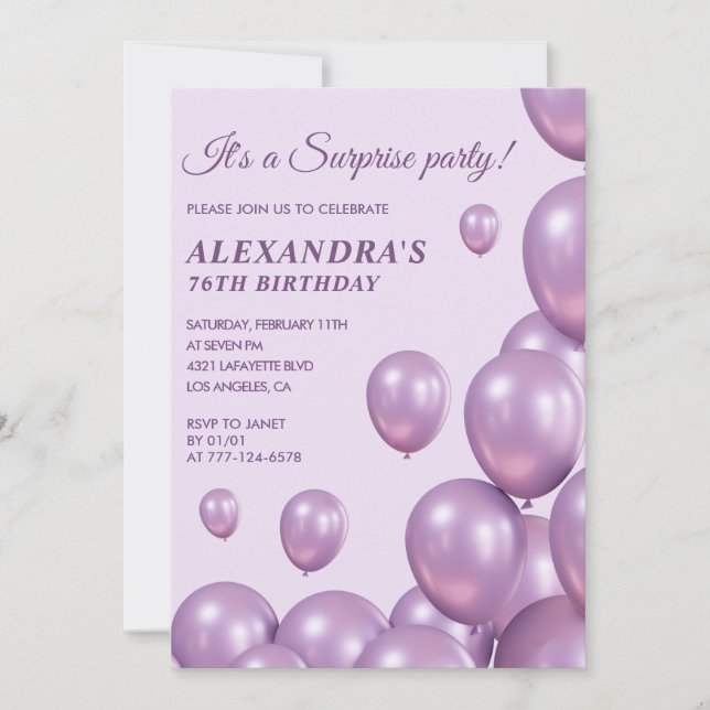 Surprise 76th birthday invitations Purple Balloons (Front)