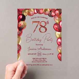 Surprise 78th Birthday Party Gold Burgundy Glitter Acrylic Invitations