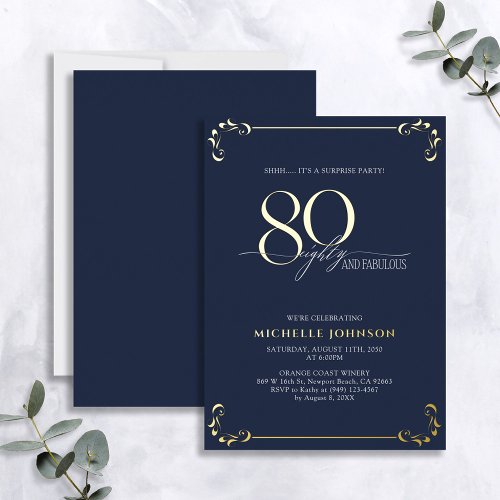 Surprise 80  Fabulous Blue  Gold Birthday Foil Invitation