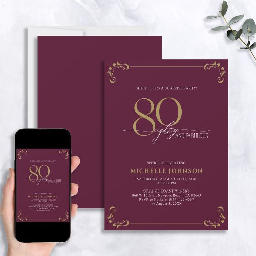 Surprise 80  Fabulous Burgundy  Gold Birthday  Invitation
