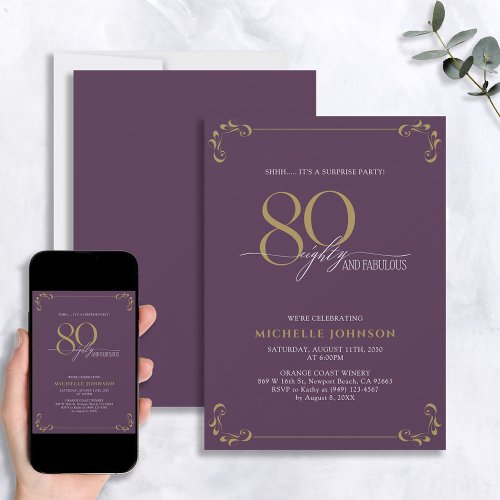 Surprise 80  Fabulous Purple  Gold Birthday Invitation