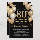 Surprise 80th Birthday Black and Gold Balloons Invitation (Front/Back)