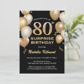 Surprise 80th Birthday Black and Gold Balloons Invitation (Standing Front)