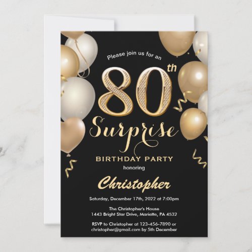 Surprise 80th Birthday Black and Gold Balloons Invitation