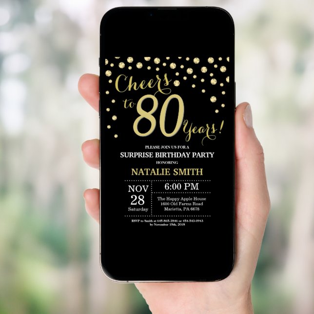Surprise 80th Birthday Black and Gold Diamond Invitation (Front Digital)