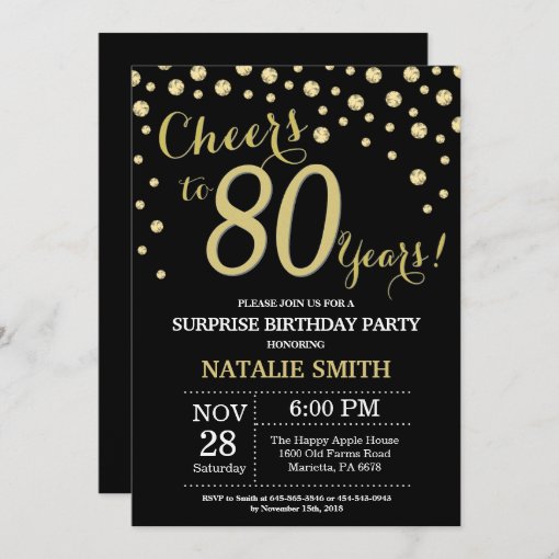 Surprise 80th Birthday Black and Gold Diamond Invitation | Zazzle