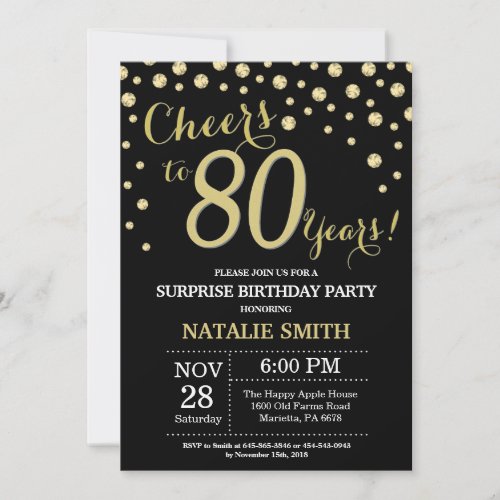 Surprise 80th Birthday Black and Gold Diamond Invitation