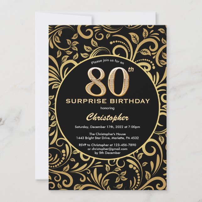 Surprise 80th Birthday Black and Gold Floral Invitation (Front)
