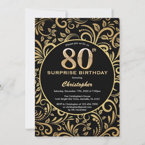 Surprise 80th Birthday Black and Gold Floral Invitation