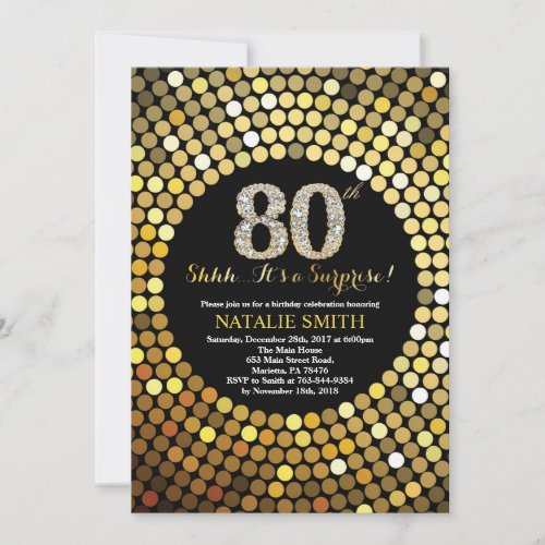 Surprise 80th Birthday Black and Gold Glitter Invitation