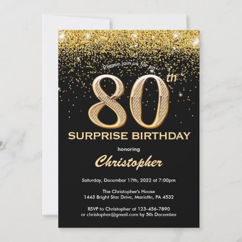 Surprise 80th Birthday Black and Gold Glitter Invitation