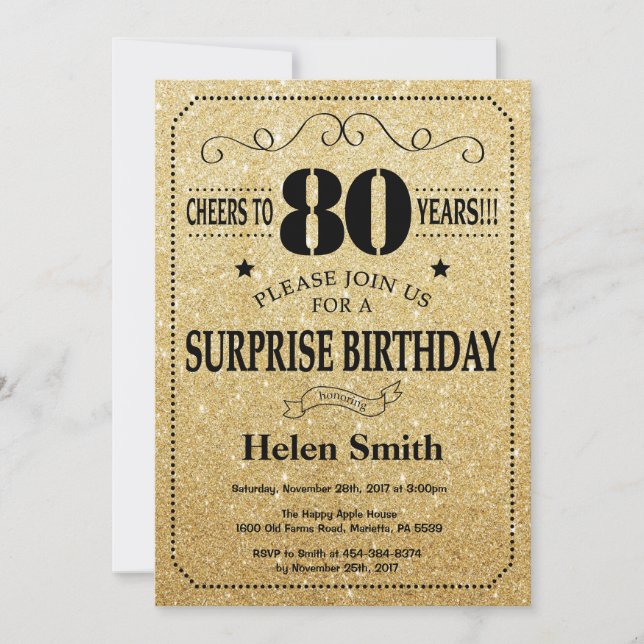 Surprise 80th Birthday Black and Gold Glitter Invitation (Front)
