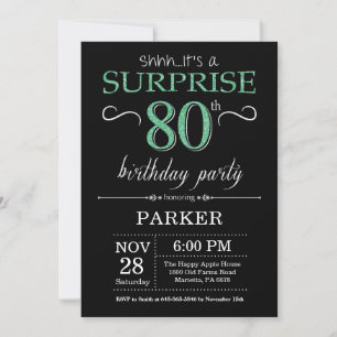 Surprise 80th Birthday Black and Green Glitter Invitation