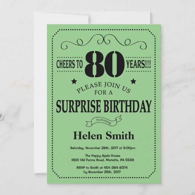 Surprise 80th Birthday Black and Green Invitation (Front)