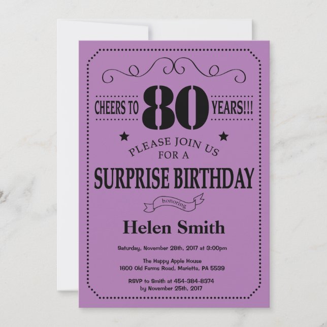 Surprise 80th Birthday Black and Purple Invitation (Front)