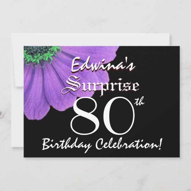 SURPRISE 80th Birthday Black and Purple Petals 05 Invitation (Front)