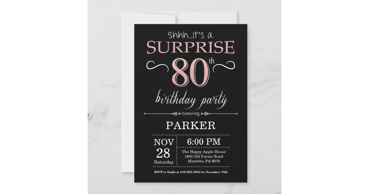 Surprise 80th Birthday Black and Rose Pink Gold Invitation | Zazzle