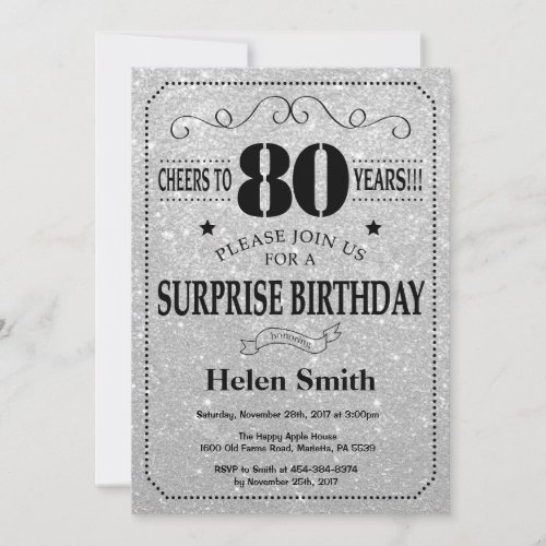Surprise 80th Birthday Black and Silver Glitter Invitation