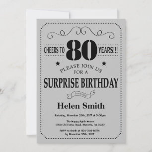 Surprise 80th Birthday Black and Silver Gray Invitation