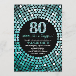 Surprise 80th Birthday Black and Teal Glitter Invitation