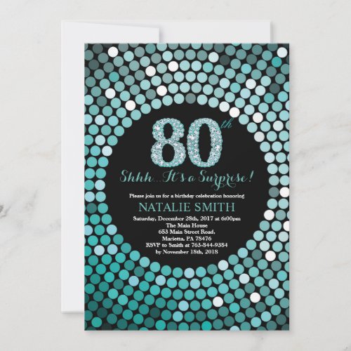 Surprise 80th Birthday Black and Teal Glitter Invitation