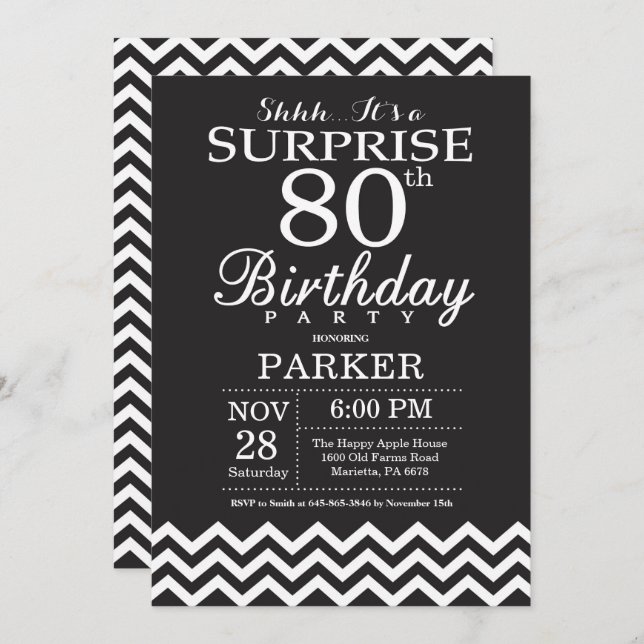 Surprise 80th Birthday Black and White Chevron Invitation (Front/Back)