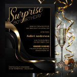 Surprise 80th Birthday Black Gold Party Invitation<br><div class="desc">Organize your surprise milestone 80th birthday celebration in style with our chic and sophisticated black party invitation. With its customizable text, you can personalize the invitation. This invitation features a fine gold frame that encloses the text, adding a touch of luxury to your special occasion. The gold and grey abstract...</div>