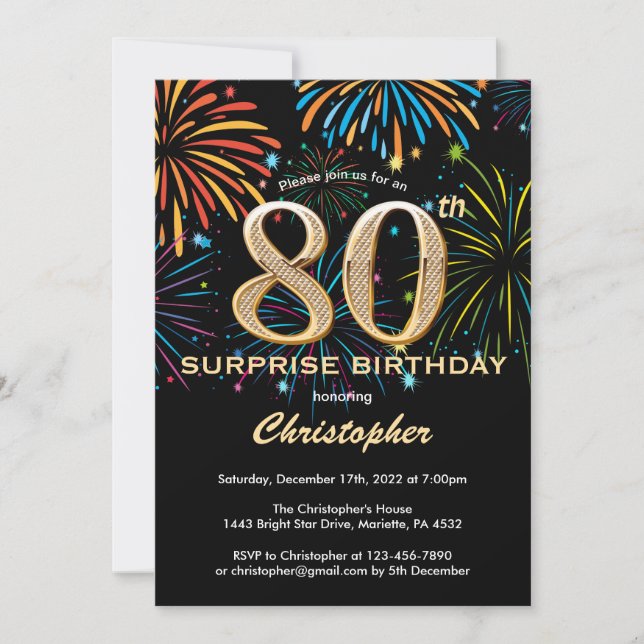 Surprise 80th Birthday Black Gold Rainbow Firework Invitation (Front)