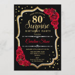 Surprise 80th Birthday - Black Gold Red Invitation<br><div class="desc">Surprise 80th Birthday Invitation.
Feminine black,  red design with faux glitter gold. Features red roses,  script font and confetti. Perfect for an elegant birthday party. Can be personalized to show any age. Message me if you need further customization.</div>