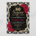 Surprise 80th Birthday - Black Gold Red Invitation<br><div class="desc">Surprise 80th Birthday Invitation.
Feminine black,  red design with faux glitter gold. Features damask pattern,  red roses,  script font and confetti. Perfect for an elegant birthday party. Can be personalized to show any age. Message me if you need further customization.</div>
