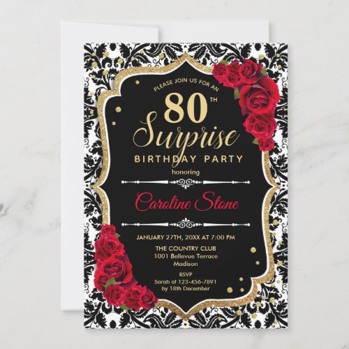 Surprise 80th Birthday _ Black Gold Red Invitation