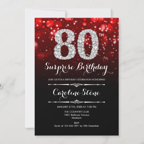 Surprise 80th Birthday _ Black Red Silver Invitation