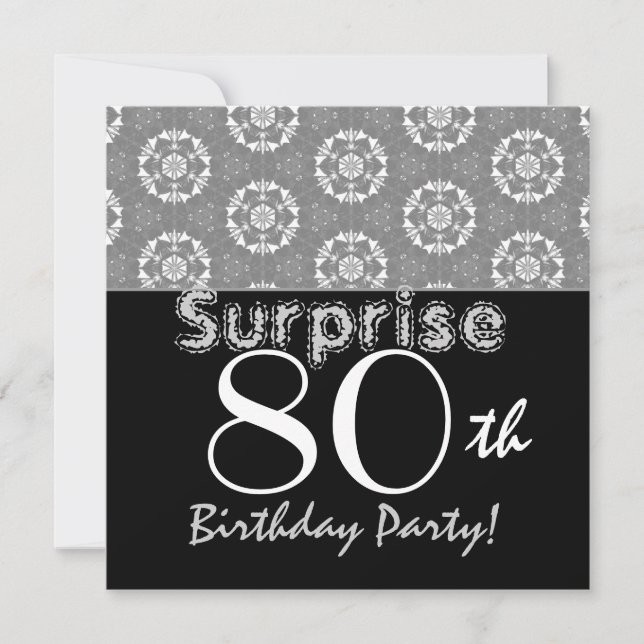 SURPRISE 80th Birthday Black Silver Flower Stars Invitation (Front)
