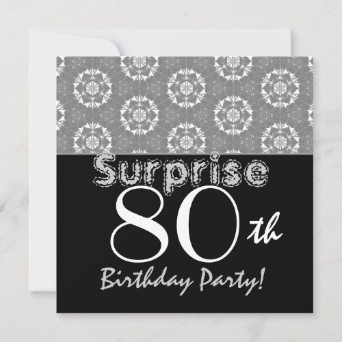 SURPRISE 80th Birthday Black Silver Flower Stars Announcements