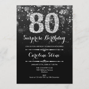 Surprise 80th Birthday - Black Silver Invitation
