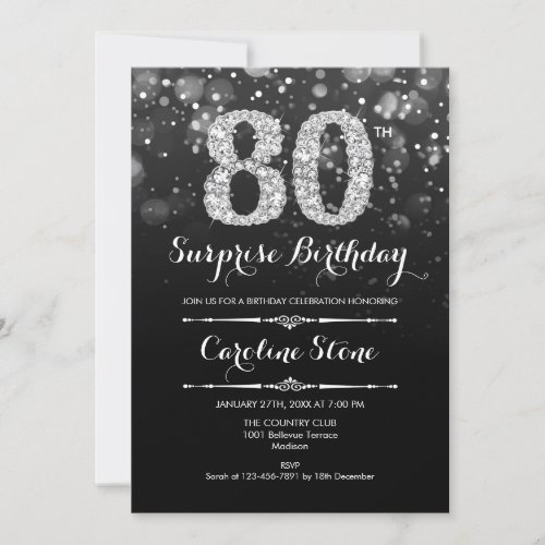 Surprise 80th Birthday _ Black Silver Invitation