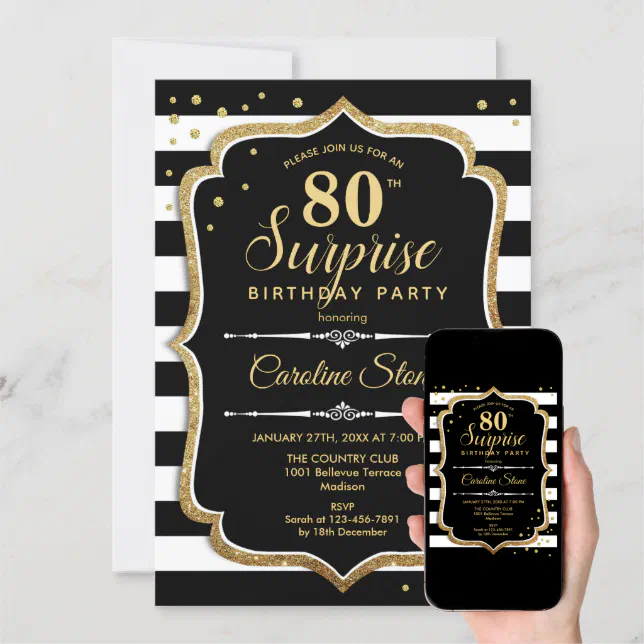 Surprise 80th Birthday - Black White Gold Invitation | Zazzle