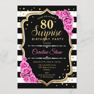 Surprise 80th Birthday - Black White Pink Invitation