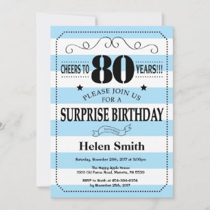 Surprise 80th Birthday Blue and White Stripes Invitation